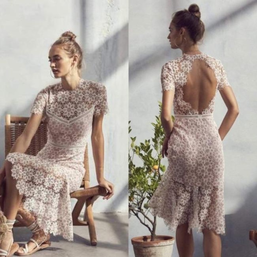 SAYLOR Blush Lillie Illusion Lace Midi Dress Small
